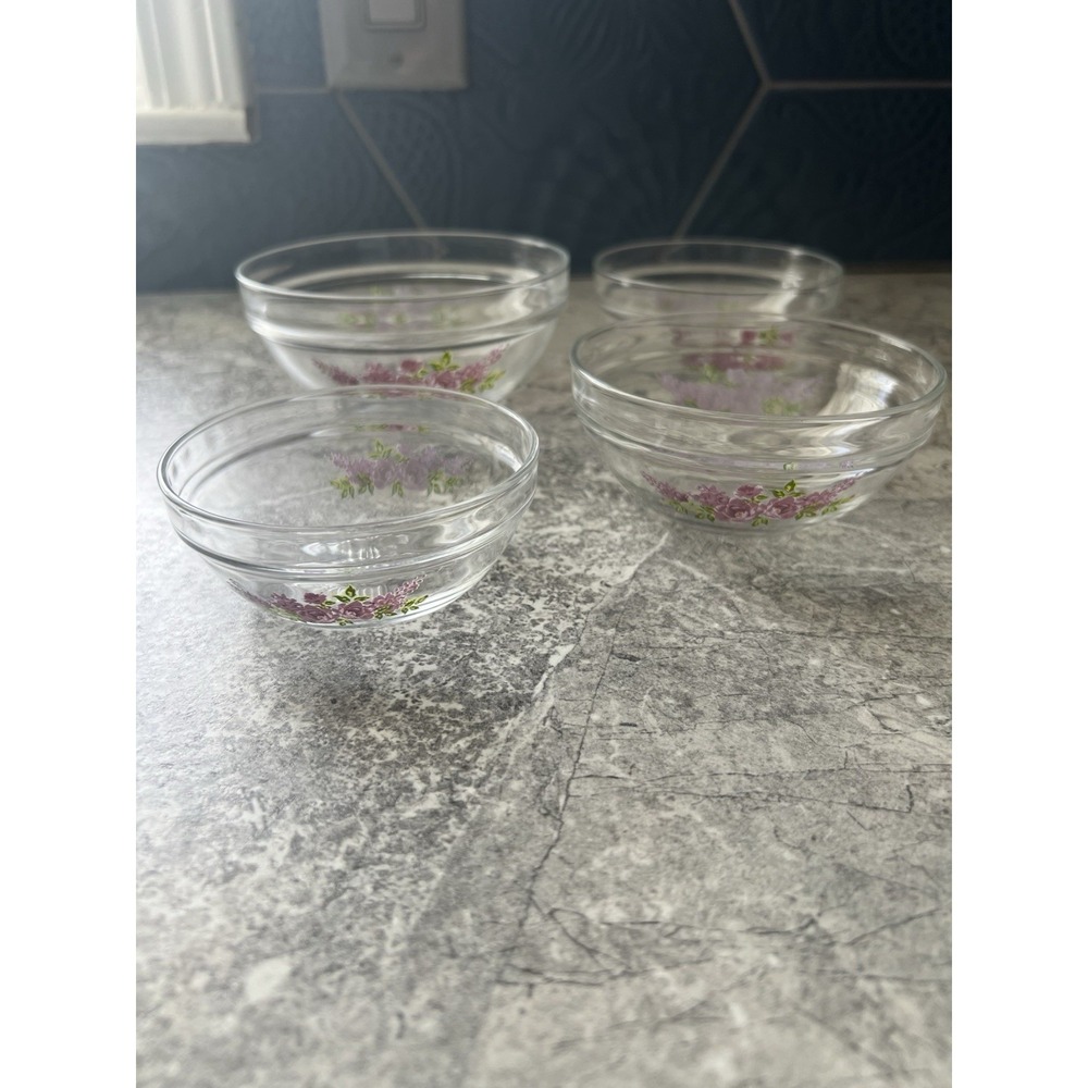Vintage Heat Resistant Floral Glass Mixing Bowl Set of 4 Purple Rose Nesting